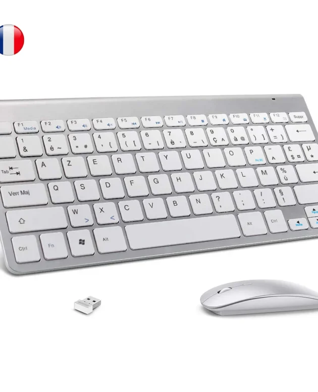 Wireless AZERTY French Keyboard Mouse Ultra Slim Multimedia Keyboard Mouse Combo Low Noise for Laptop Desktop Windows 7 10 11