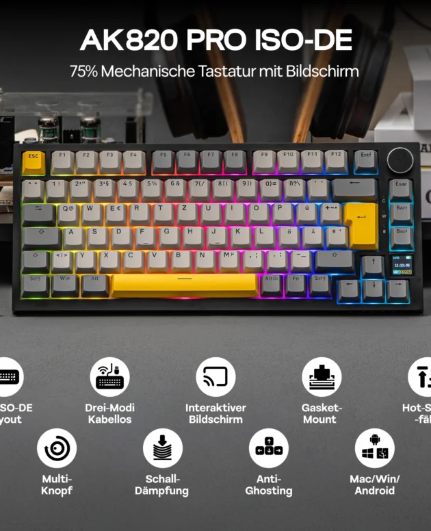ISO-DE Layout AJAZZ AK820 PRO 75% QWERTZ German Layout Gasket Wired/Bluetooth/2.4G Wireless Mechanical Keyboard for Win/Mac
