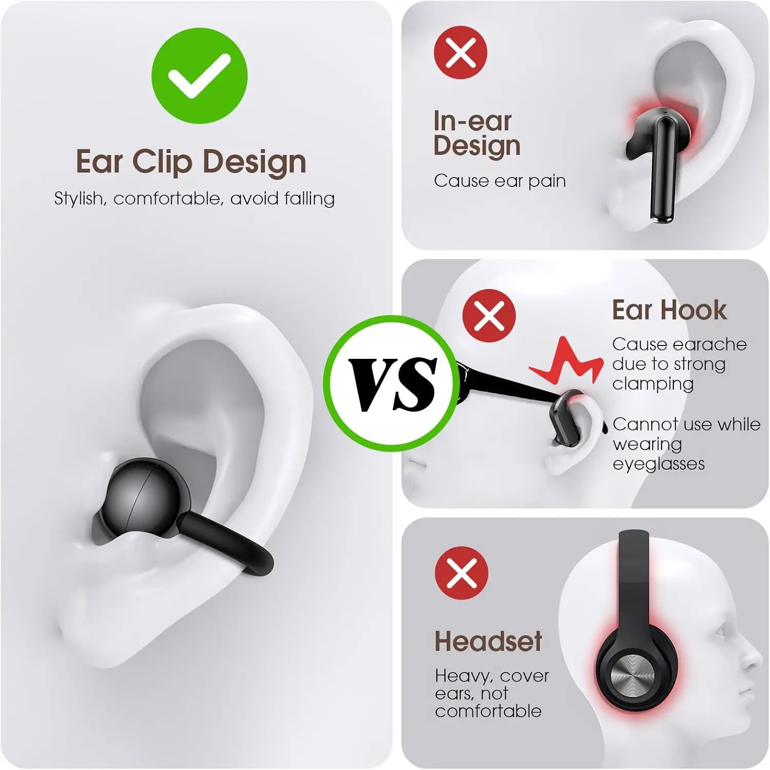 UYUXIO OWS BT 5.4 Headphones Clear Calls Clip on IP7 Wireless Earbuds with 48H Play Time HiFi Stereo Ear Buds for Sports Travel - Image 3