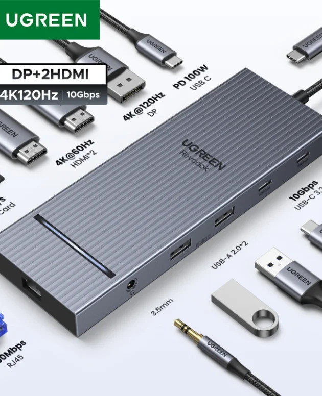 UGREEN USB HUB 4K120Hz DP Type-C to 4K60Hz 2xHDMI SD/TF RJ45 3.5mm USB3.2 Gen2 10Gbps Data for Laptop Dell HP Lenovo Accessories