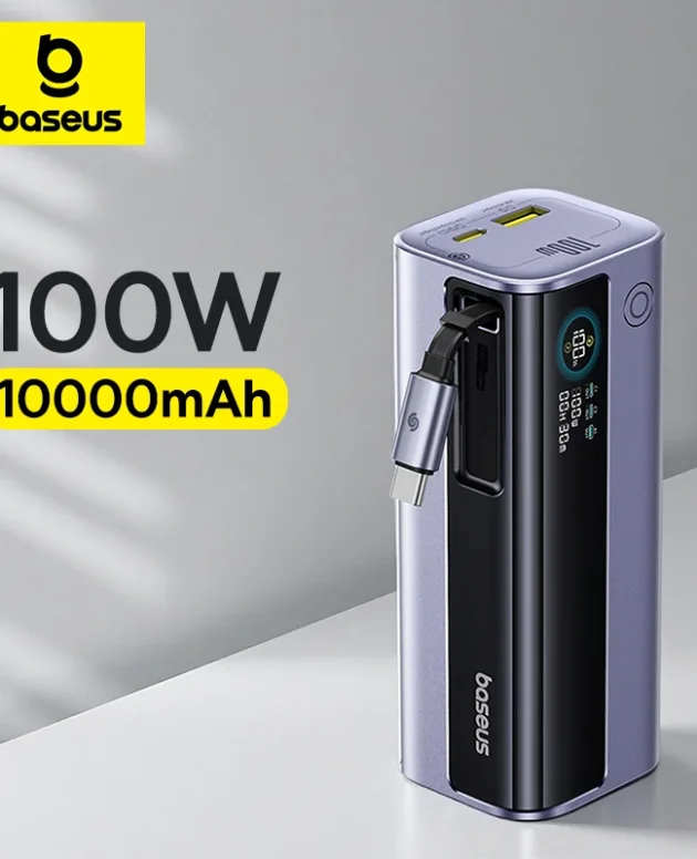 Baseus 100W 10000mAh Power Bank Built-in Retractable USB-C Cable Portable PD External Battery Power Bank for Samsung iPad iPhone