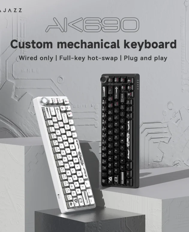 AJAZZ AK690 Wired Mechanical Keyboard, Hot-Swappable, Metal Knob, Plug-and-Play, Matte Keycaps, Wrist Rest, RGB Backlit