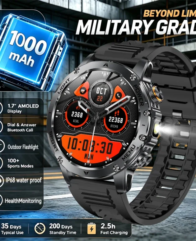 New Military T-Rex 3 Ultra 1000mAh Battery Smart Watch IP68 Waterproof Fitness Track Flashlight Heart Rate Sports Smartwatch Men