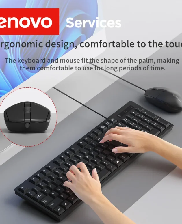 Lenovo Wired Mouse and Keyboard Set Classic Black Office Business Home Use 104Key Keyboard Kit Silent Quiet Mouse Combo for Pc