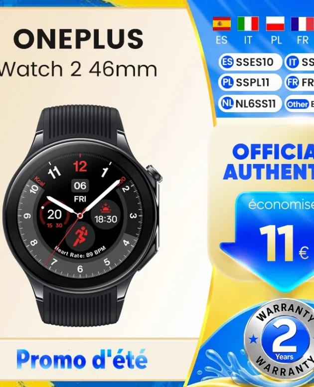 New Smartwatch OnePlus Watch 2 1.43'' AMOLED Screen 500mAh Battery 100+ Sport Modes 2GB+32GB 46mm WiFi GPS IP68 Google Pay