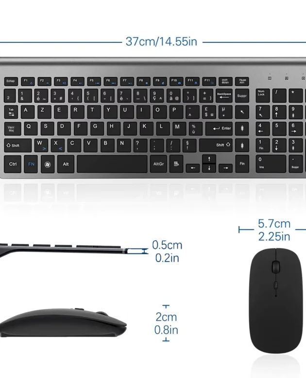 Wireless French Keyboard and Mouse Combo AZERTY Layout 2.4G USB Silent Ultra-Thin Compact Scissor for PC Laptop Desktop Windows