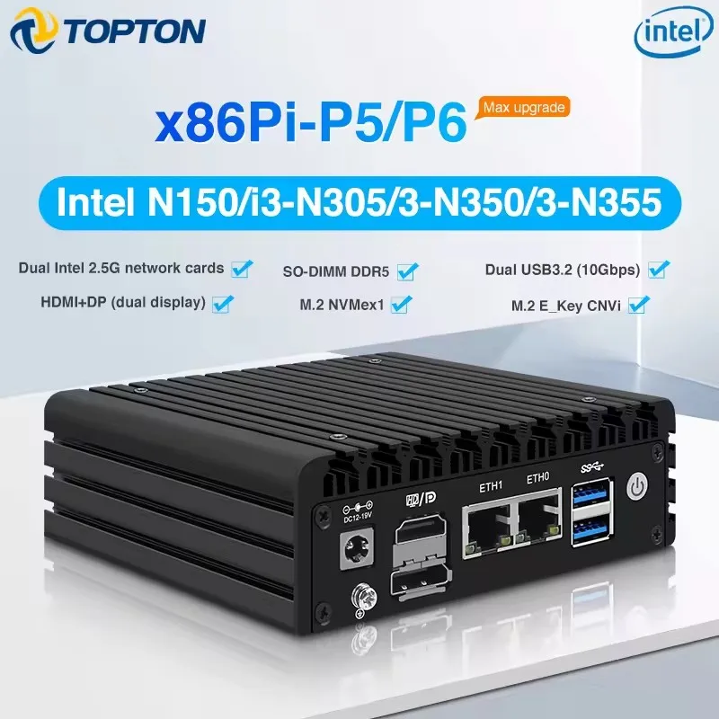 Topton Fanless NAS Mini Computer P5 P6 Intel 3-N355 N350 N150 Max 7*M.2 NVMe or 6*SATA Kit DDR5 2x2.5G LAN HDMI+DP Firewall PC
