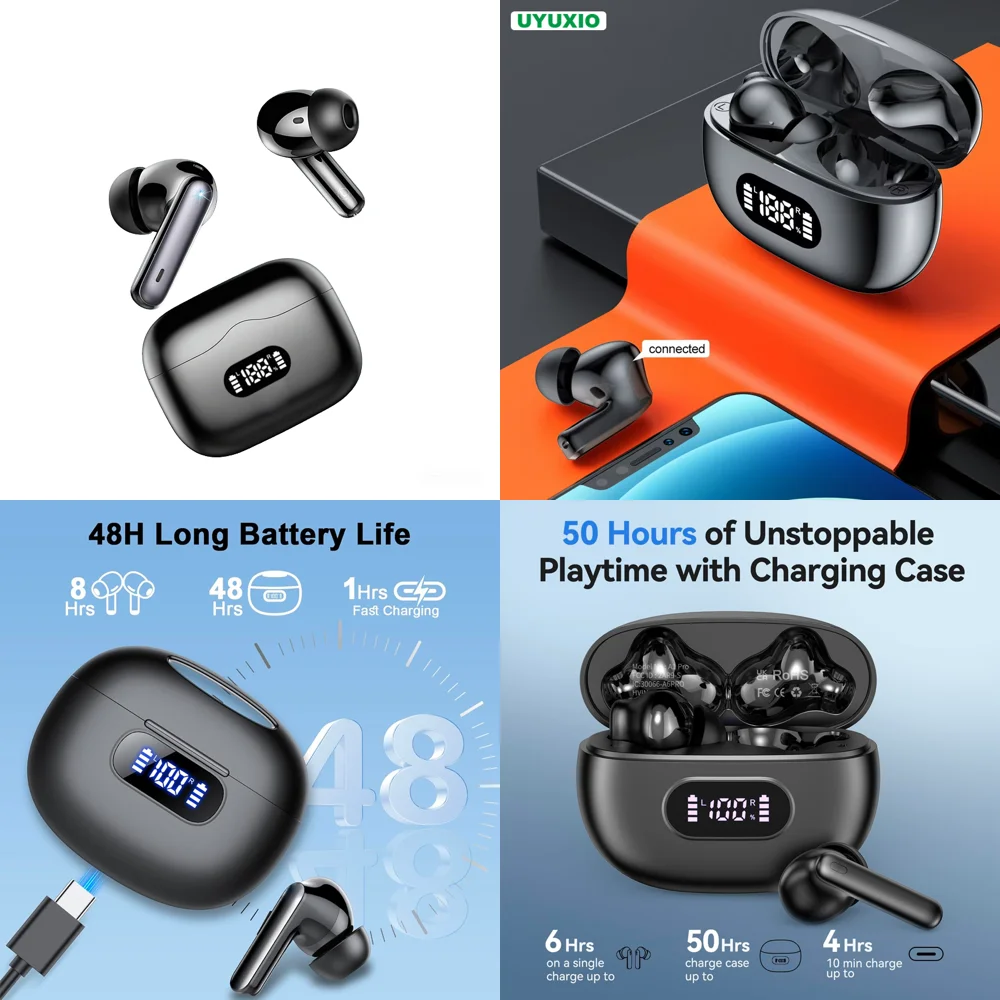UYUXIO TWS BT 5.4 Headphones with 48H Play Time Clear Calls Wireless Earbuds HiFi Stereo LED Display Ear Buds for Sports Travel