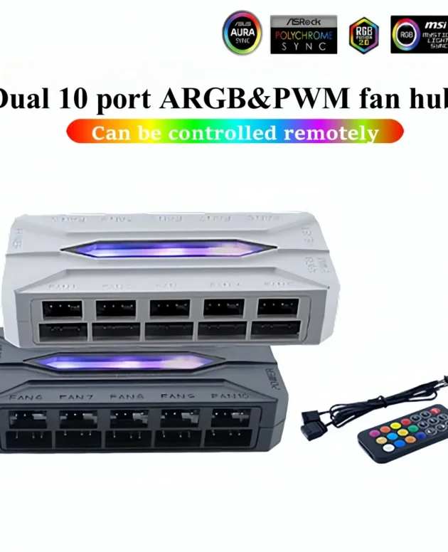 CX FUTURE Chassis Fan Hub, Dual 10 Ports. ARGB 3PIN+PWM 4PIN Ports. Equipped With Remote Control (No Battery)