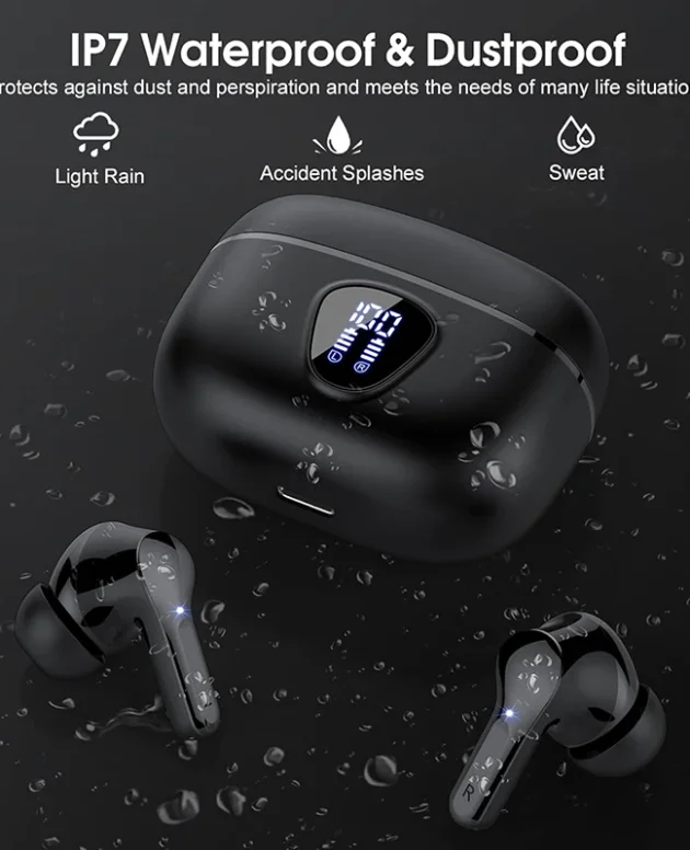 UYUXIO Wireless Earbuds BT5.3 HiFi Stereo Headphones with LED Display ENC Noise Cancelling Mic 48H IP7 Waterproof Earphones