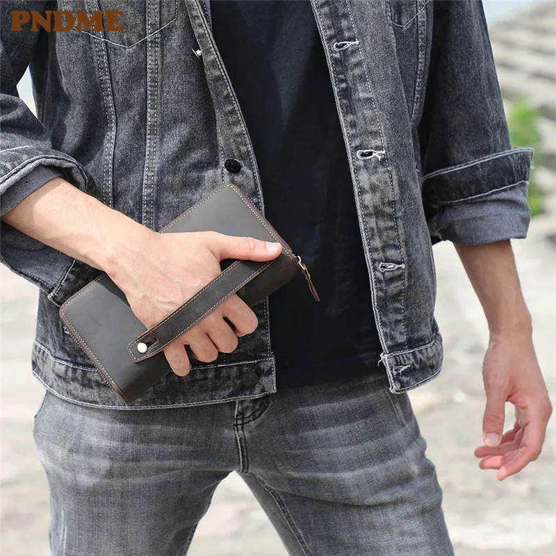 Vintage natural genuine leather men's clutch bag simple high quality crazy horse cowhide phone multi-card slot card holder purse