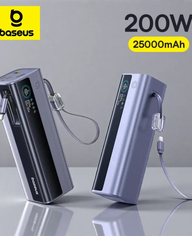 Baseus 200W 25000mAh Power Bank Dual Retractable USB-C Cables 4-Device Fast Charge Portable External Battery Charger For Laptop