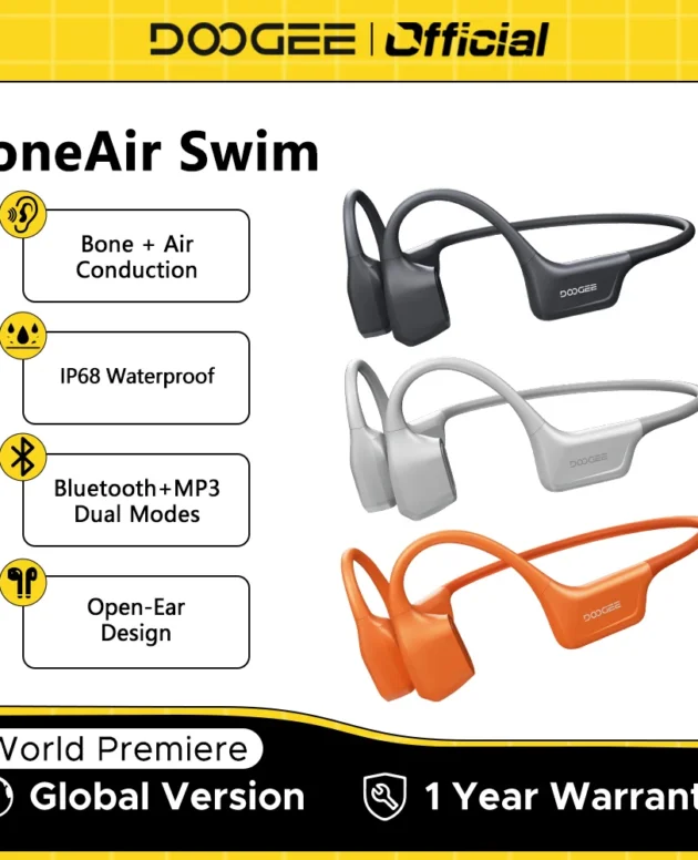 DOOGEE BoneAir Swim Bone Conduction Headphones Bluetooth 5.4 Wireless Ear Hooks Off Map Waterproof Ear phones for Outdoor Sports