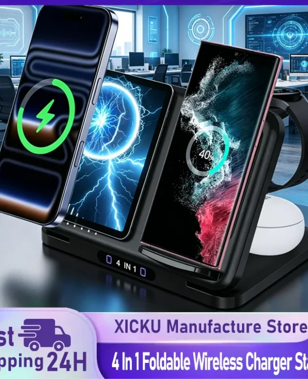 4 In 1 Foldable Wireless Charger Stand For Magsafe iPhone 17 Samsung S26 Galaxy Watch 8 7 6 5 Active 1 2 Buds Pro Fast Charging