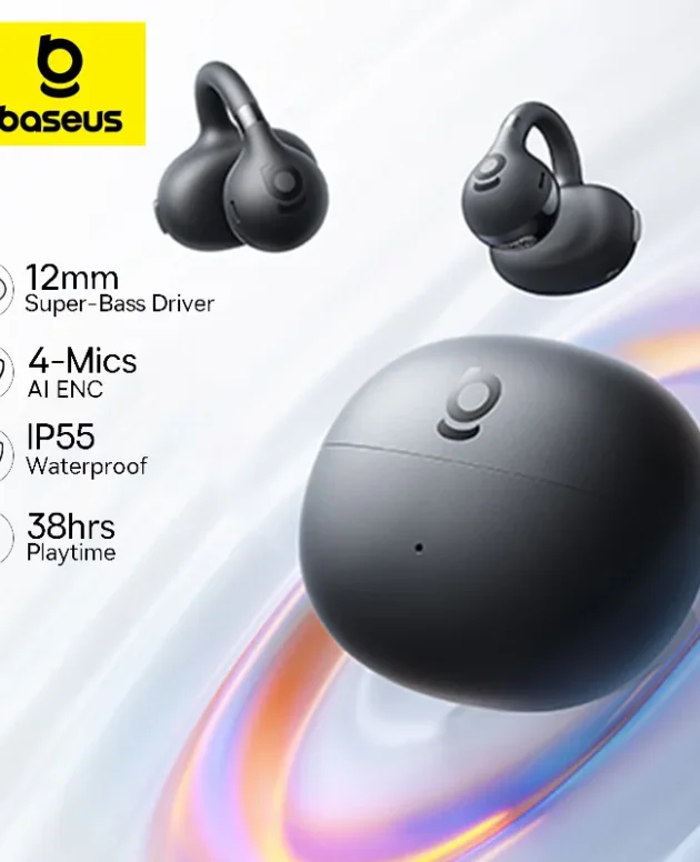 Baseus BC1 Ear Clip Earbuds Open Ear Wireless Earphones Bluetooth 6.0 Clip On Sports Headphones 4-Mics Super Bass IP55 Ear buds
