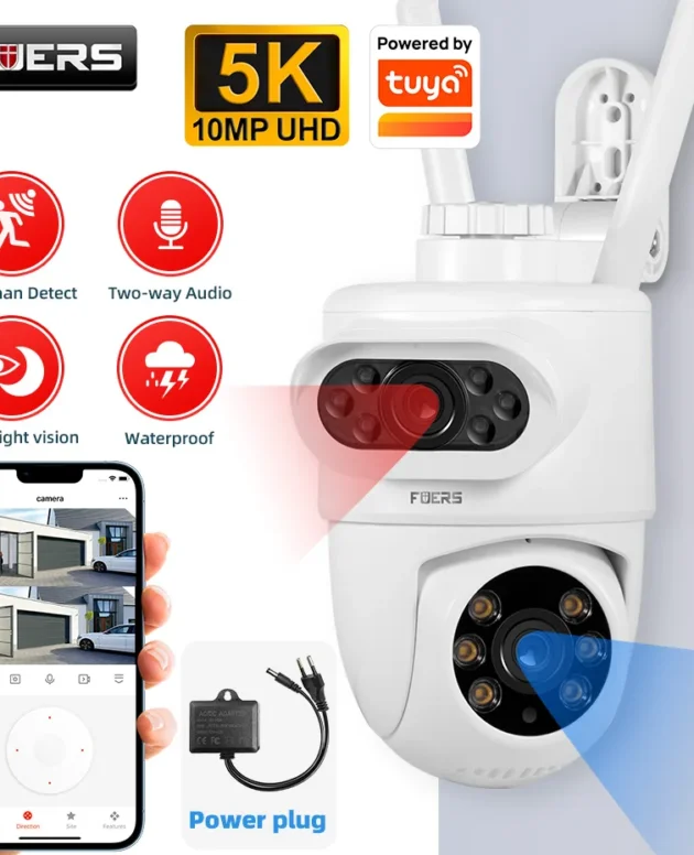 FUERS 5K 10MP Dual Lens Outdoor Camera Pan/Tilt Security Wi-Fi Camera 360° Motion Tracking Works With Alexa Home Tuya Smart APP