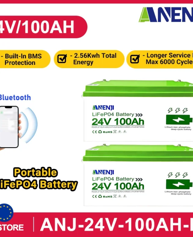 ANENJI 2PCS 24V 100Ah LiFePO4 Deep Cycle Battery Rechargeable Lithium Iron Phosphate Battery 6000+ Cycle Bluetooth for Solar Panel