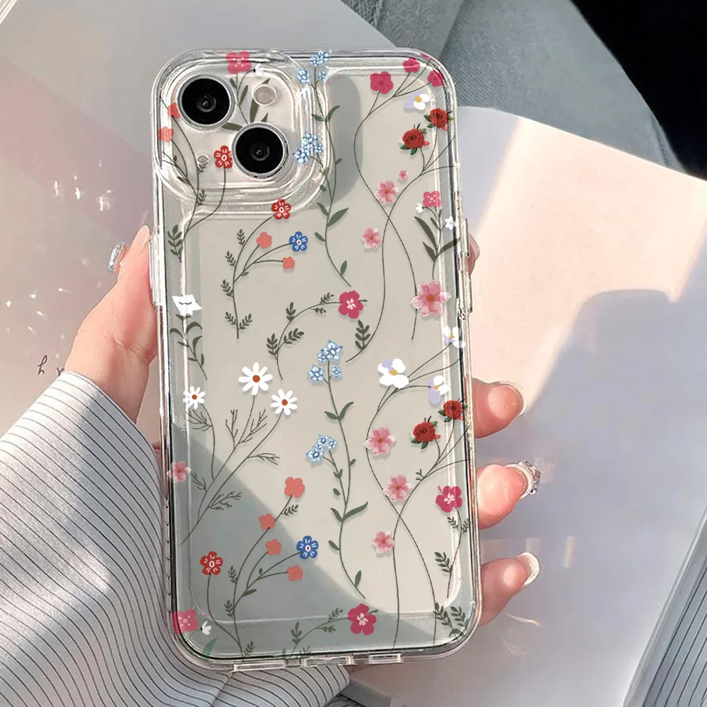 Case For iPhone 16 Cases iPhone 15 11 12 13 14 Pro 16 Max Flowers Pattern Cases iPhone 16e 16 Plus X XR XS Max Transparent Cover