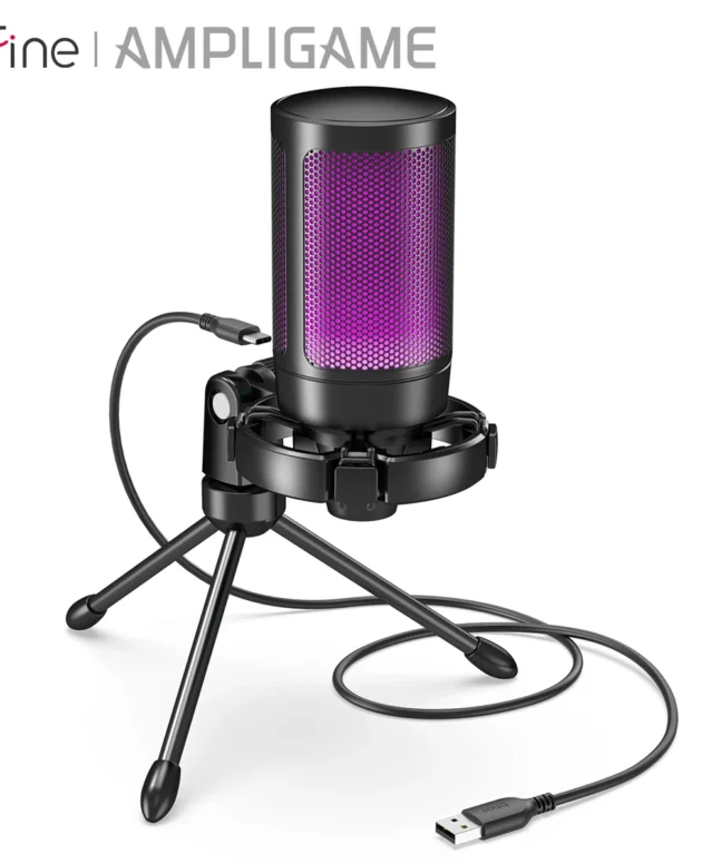 AmpliGame by FIFINE RGB USB Gaming Microphone with Light-touch Mute,Condenser Mic with Tripod for PC,PS4/5,Laptop Streaming-A2