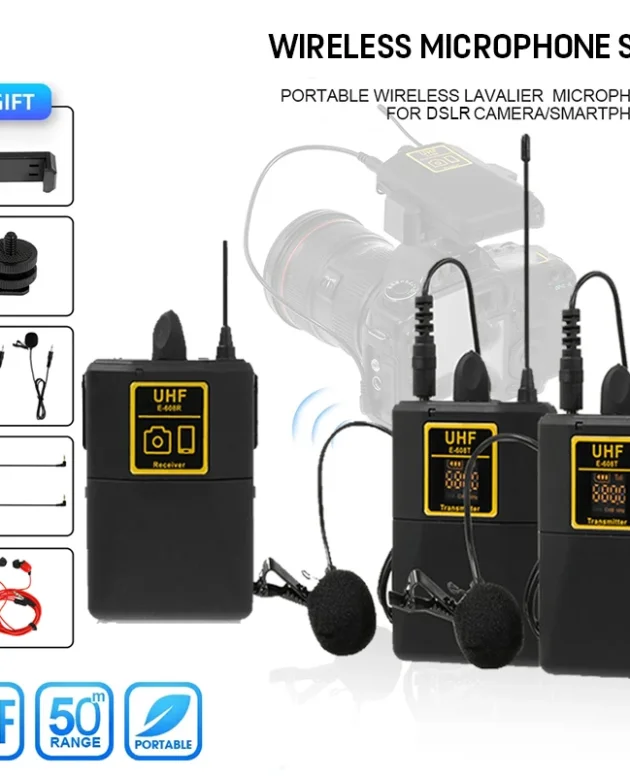 Professional UHF Wireless Lavalier Microphone with Audio Monitor Function Mic 2 Channels 80m Range for DSLR Cameras Interview