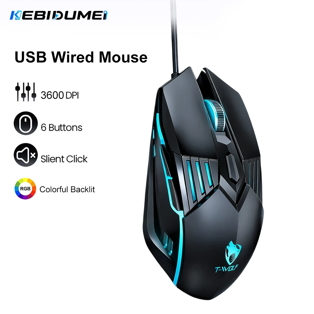 KEBIDUMEI Wired Gaming Mouse RGB Backlit 3600DPI 4 Level Adjustable 6 Buttons Ergonomic USB Computer Mice for PC Laptop Macbook