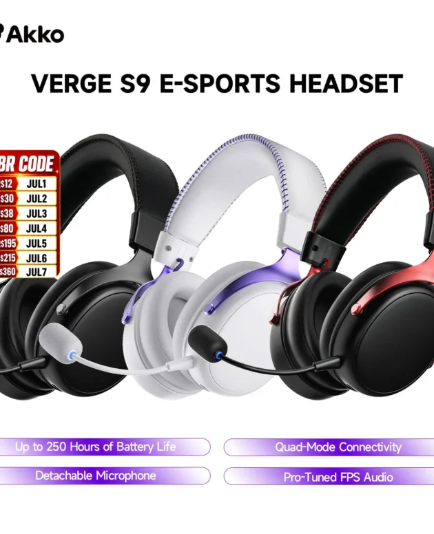 AKKO Verge S9 E-Sports Headset with Mic Quad-Mode Gaming Headphone 7.1 Channel Surround Sound Pro-Tuned FPS Audio 53mm Driver