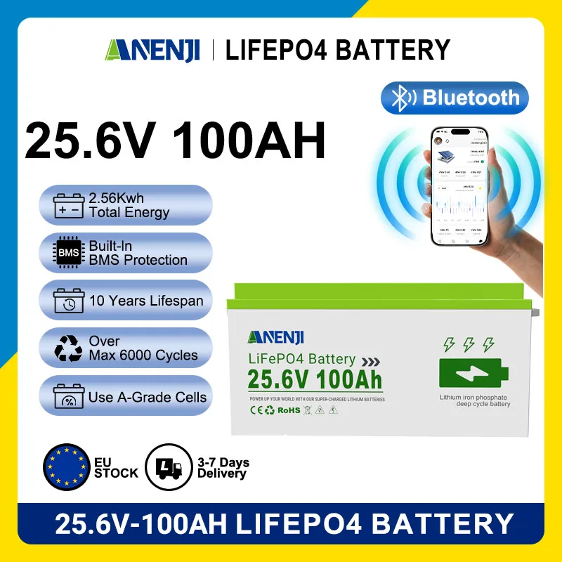 ANENJI 25.6V 100AH Lifepo4 Battery Packs Solar Lithium Iron Phosphate Battery Rechargeable BMS Grade A 6000+ Cycle with Bluetoot