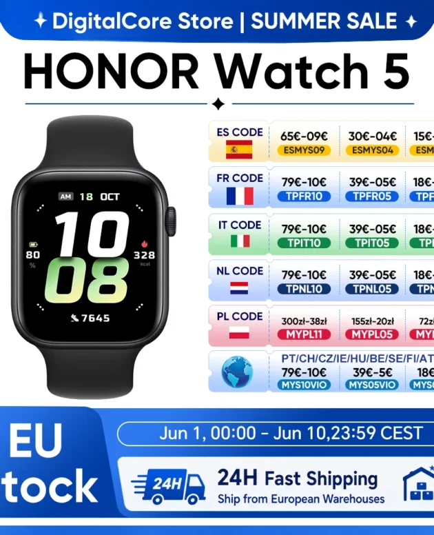 Honor Watch 5 1.85-inch Larger AMOLED Display 60Hz 15 Days Long Battery Life 5ATM IP68 Precise GPS Tracking BT5.2 Health Scan