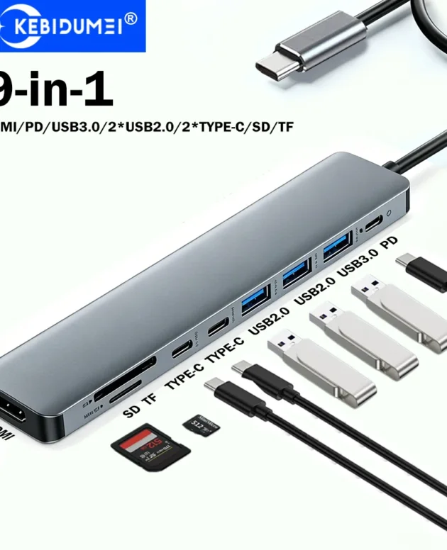 KEBIDUMEI 9-in-1 USB HUB USB C Docking Station USB 3.0 Hubs 5Gbps Transmission TYPE-C to 4K HDMI Adapter USB Splitter for Laptop