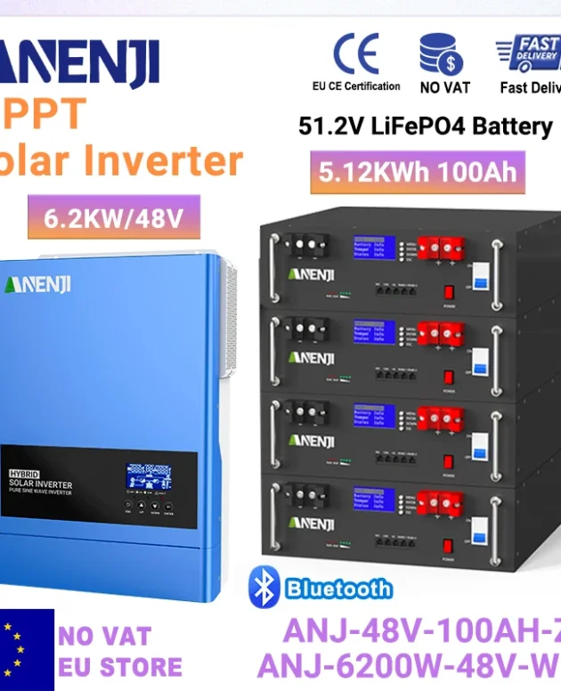 ANENJI 51.2V 100Ah Rack-mounted LiFePO4 Battery And 6.2kw 48V Hybrid Inverter 6000+ Cycles BMS 5KWH FOR Parallel Solar System