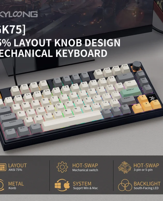 【SKYLOONG GK75 VIA】Wired gamer keyboard with mechanical switch, PBT keycap, RGB backlight, metal macro knob, 75% low Profile