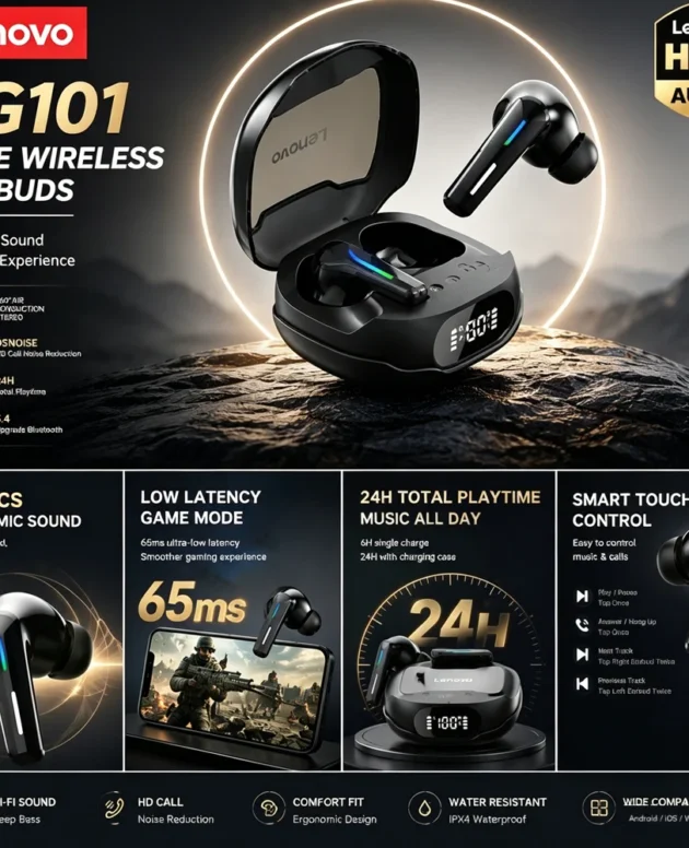 Lenovo TG101 Premium Wireless Bluetooth Earbuds With LED Power Display & Immersive Hi-Fi Stereo Sound Semi-in-ear Gaming Headset