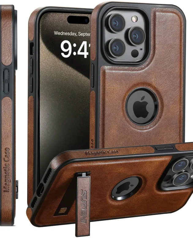 For iPhone 15 14 13 12 Pro Max Leather Case, [Compatible with Mag-safe] Built-in Invisible Stand Protective Slim Kickstand Cover