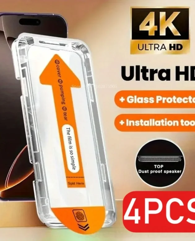 4Pcs HD Screen Protector for IPhone 15/16/17 Promax 16E 14 Plus Tempered Glass 11 Pro 13 Promax 13 12Mini One-Click Installation