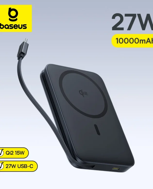 Baseus 10000mAh 27W Power Bank For Qi2 15W MagSafe Magnetic Wireless Charging Built-In USB-C Cable For iPhone 17 16 Samsung S26