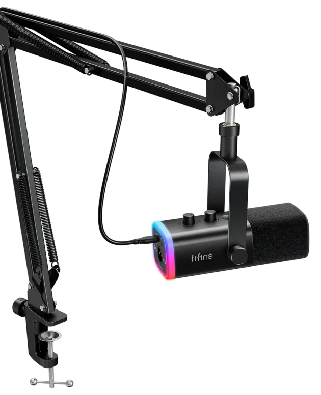 FIFINE XLR/USB Gaming Microphone Kit with Headphone Jack/Mute/RGB /Arm Stand,Dynamic Mic Set for PC PS5/4 Mixer AmpliGame AM8T