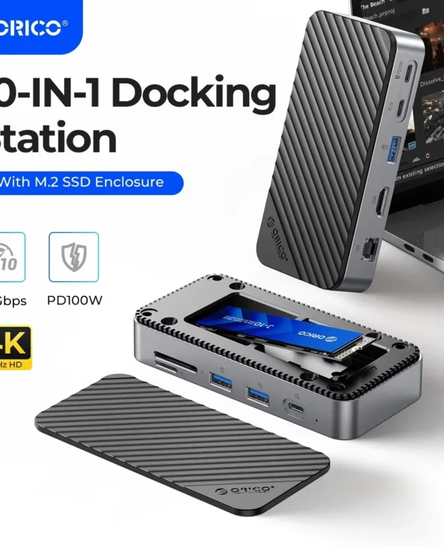 ORICO 10Gbps Type-C HUB M.2 NVMe SATA SSD Enclosure with Cooling Fan External 4K 60Hz HDMI-Com RJ45 SD/TF Docking Station For PC