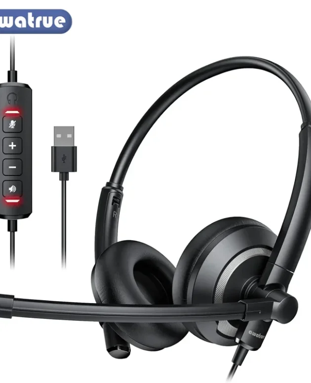 Awatrue EH05 Wired USB Headsets with Noise Cancelling Mic for PC Laptop Headphones with In-Line Control Mic Mute Lightweight