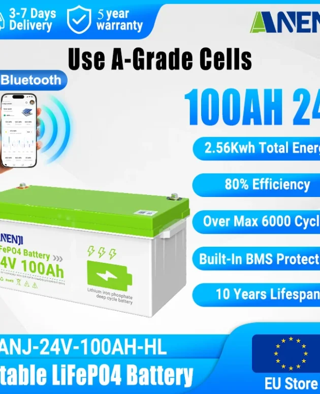 ANENJI 24V 100AH 2.56KWH LiFePO4 Battery Pack 25.6V Rechargeable Lithium Bateria 6000+ Cycles with BMS A Grade Cell Bluetooth