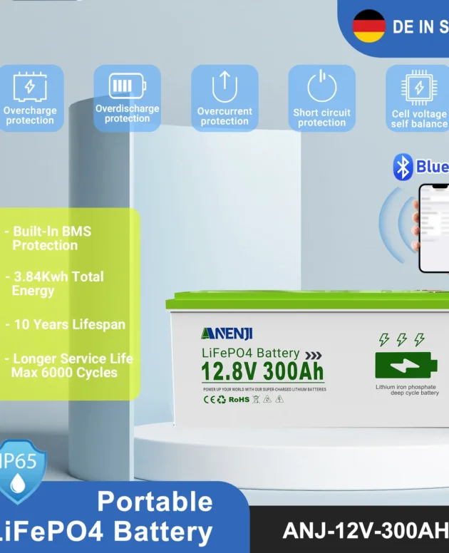ANENJI 12.8V 300Ah LiFePO4 Deep Cycle Battery Rechargeable Lithium Iron Phosphate Battery 6000+ Cycle Bluetooth for Solar Panel
