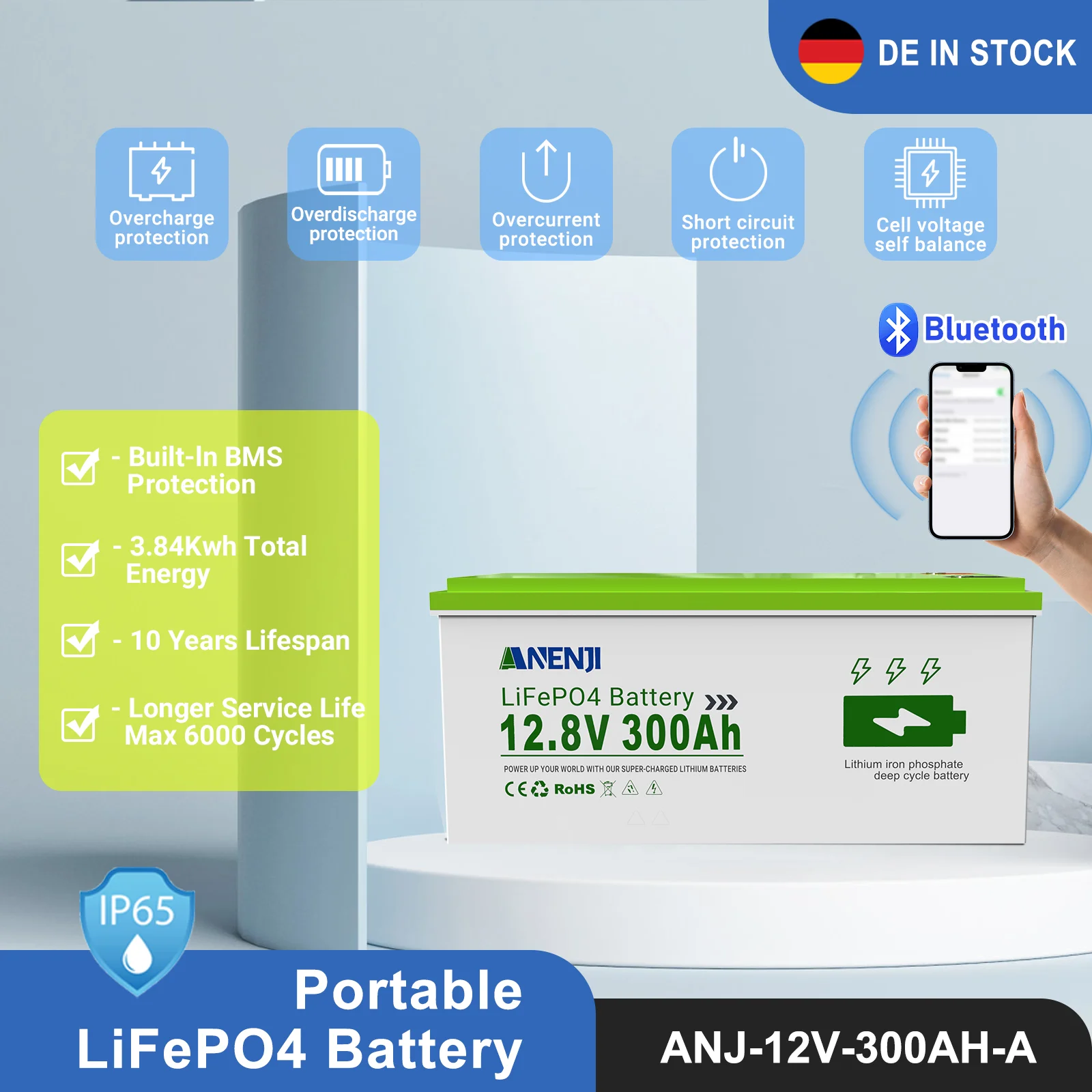 ANENJI 12.8V 300Ah LiFePO4 Deep Cycle Battery Rechargeable Lithium Iron Phosphate Battery 6000+ Cycle Bluetooth for Solar Panel