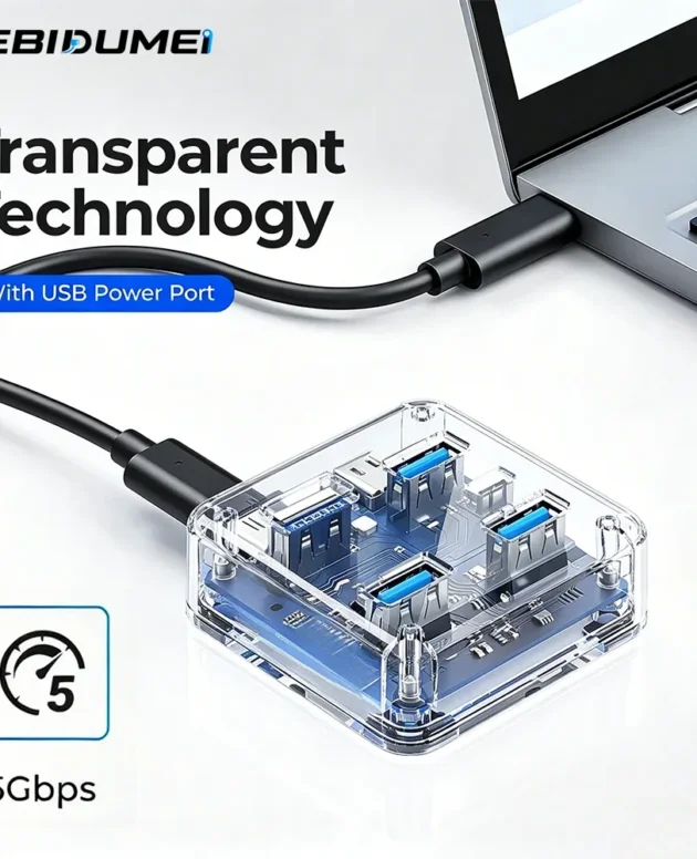 KEBIDUMEI Transparent USB Hub USB 3.0 5Gbps High Speed 4 Ports Expansion with Power Supply OTG Adapter for PC Laptop Macbook Pro