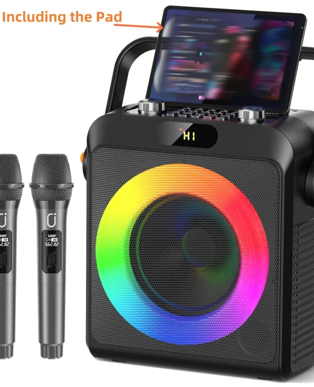2 Wireless Microphones T19-T Karaoke Machine | Black Karaoke Speaker With Treble/Bass Adjustment, Wireless Speaker PA System