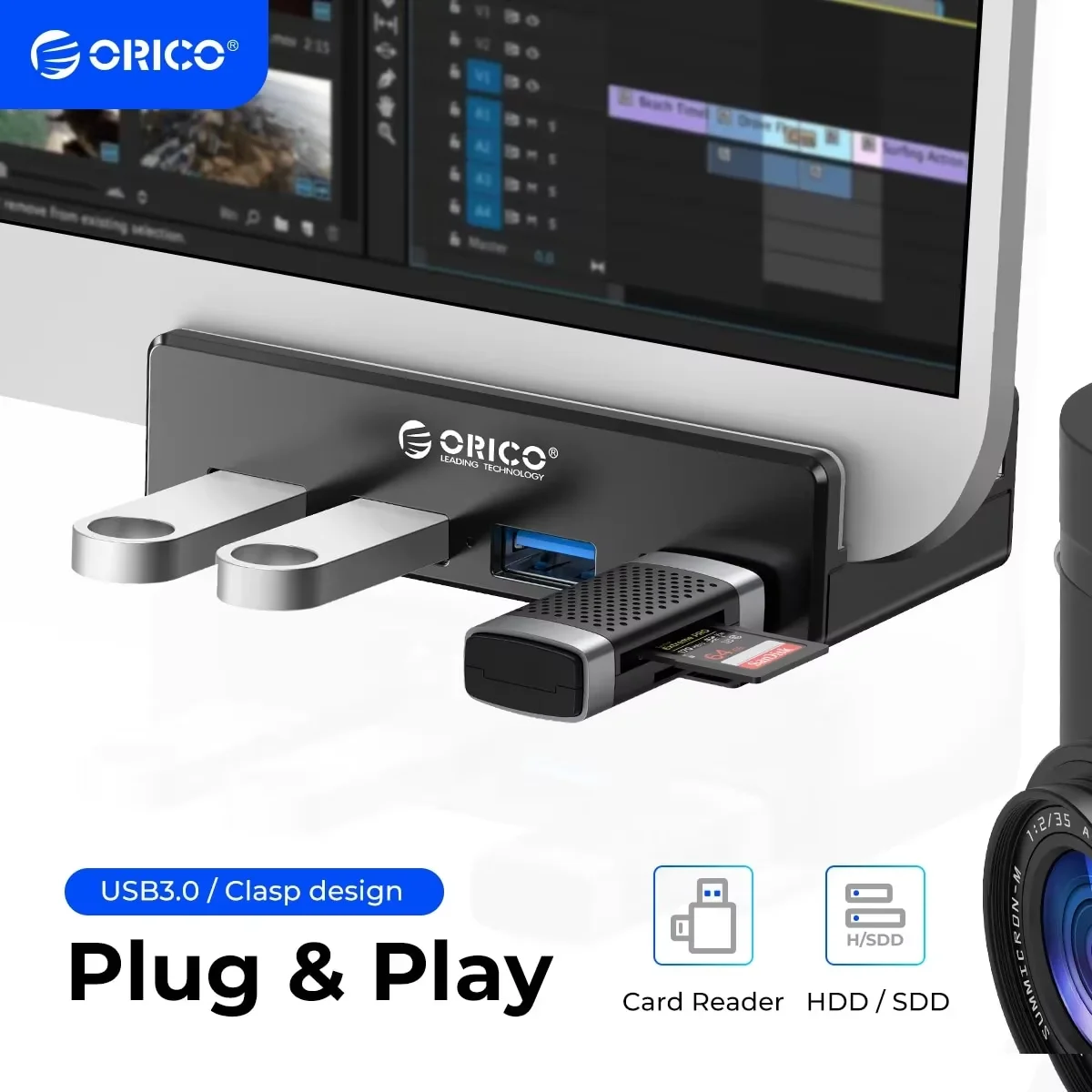ORICO MH4PU 5GBPS Data Transmission Hub Aluminum 4 Ports USB 3.0 Clip HUB with Power Supply High Speed for MAC OS PC