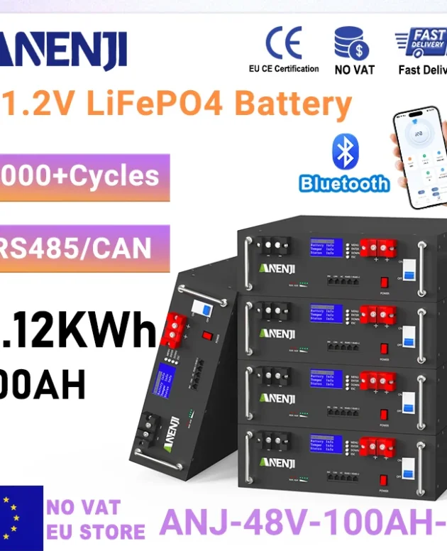 ANENJI 51.2V 100Ah 5kWh Pack Rack-mounted LiFePO4 Battery 6000+ Cycles Built in BMS RS485/CAN Parallel Use Home Solar System