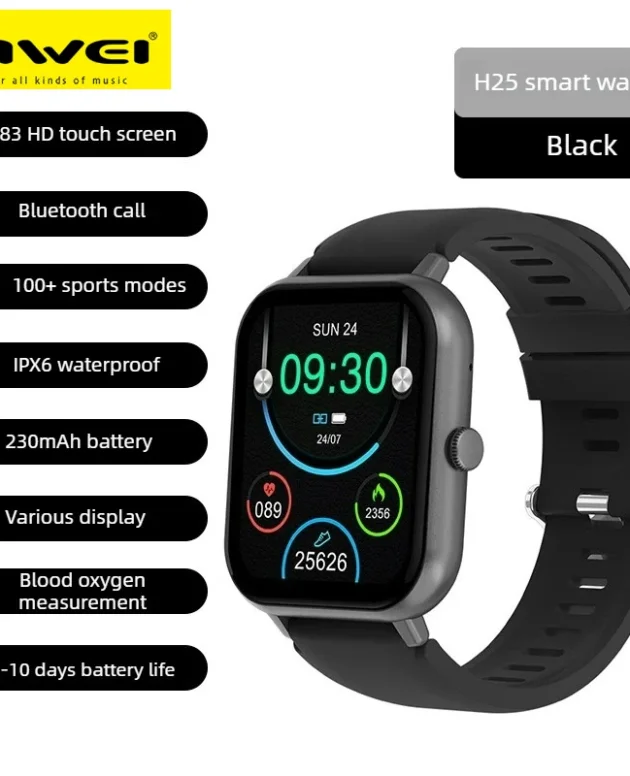 Awei H25 Smart Watch for Sport Call Waterproof IP67 Watch for Blood Pressure Oxygen Heart Rate Data Monitoring 1.83'' HD screen