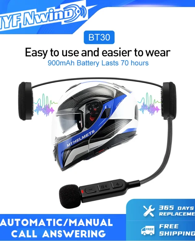 NYF BT30 Motorcycle Bluetooth 5.3 Stereo Headset Moto Universal Helmet Headphones Wireless Handsfree Call with 900mAh