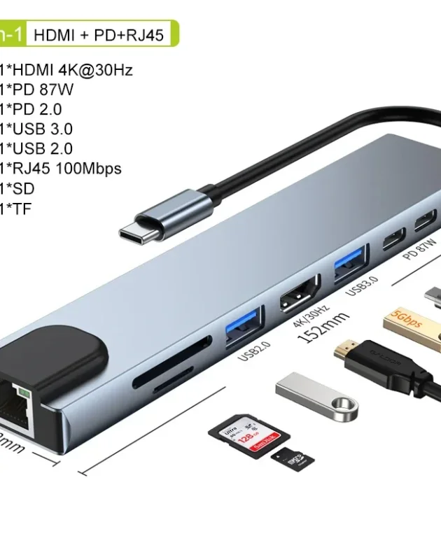 USB C Hub 8In1 7in2 7in1 Type C 3.1 To 4K HDMI Adapter with RJ45 SD/TF Card Reader PD Fast Charge for MacBook Notebook Laptop