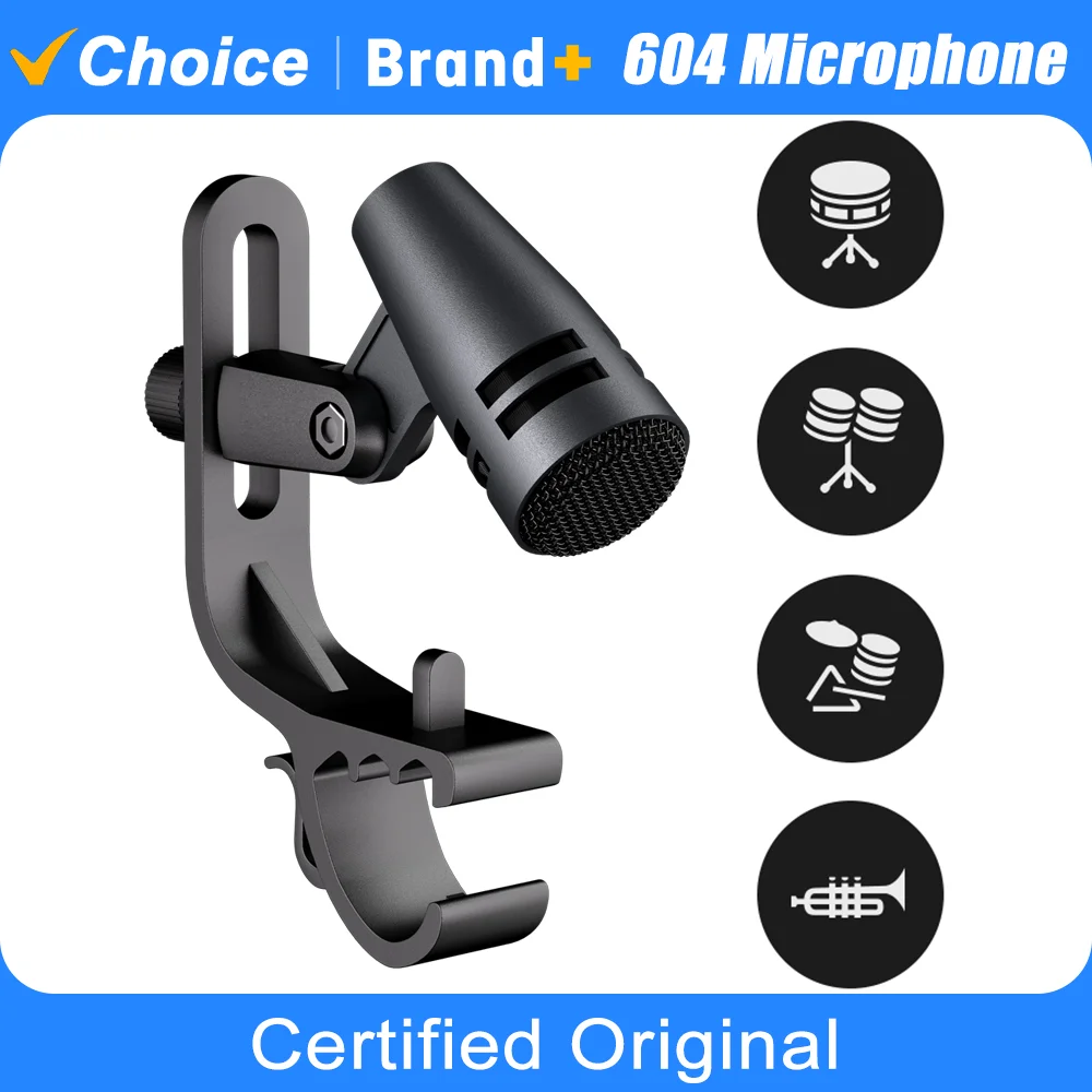E604 Dynamic Series Cardioid Instrument Wired Drum Microphone with Clamp Arm Stand for Professional Recording Tom Snare Drum