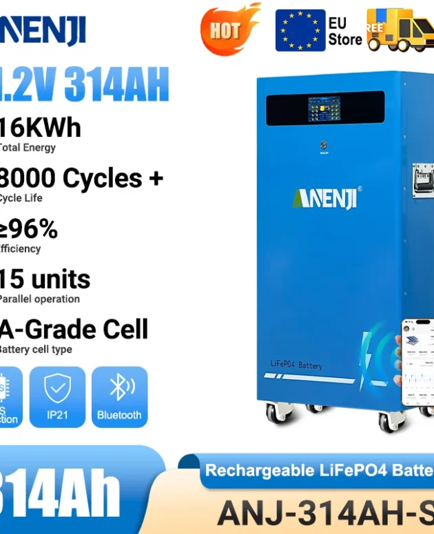 ANENJI LiFePO4 Battery 48V 300Ah Pack 15Kwh 51.2V 314Ah 16Kwh With Wheels Lithium Battery Grade A Cells 6000+ Cycles Bluetooth CAN/RS485 BMS for Home